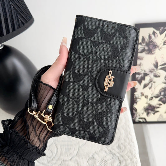 Funda clásica para iPhone de piel con tapa y tarjetero, color negro