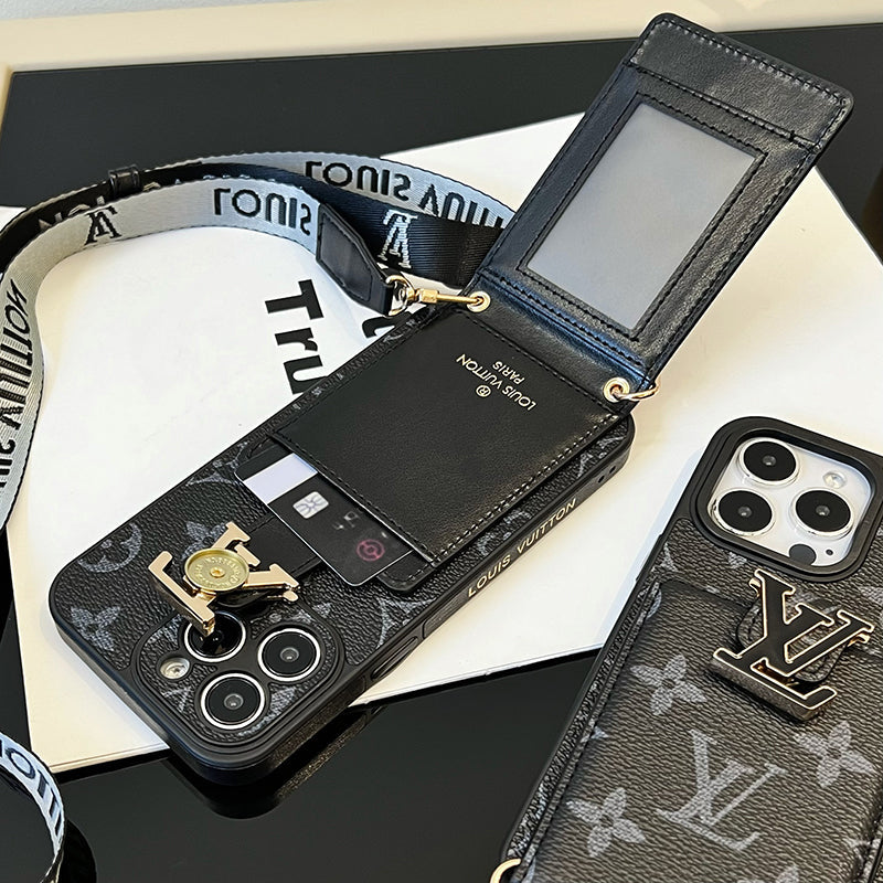 Funda de iPhone con cadena de bolso de tarjeta de lujo negro