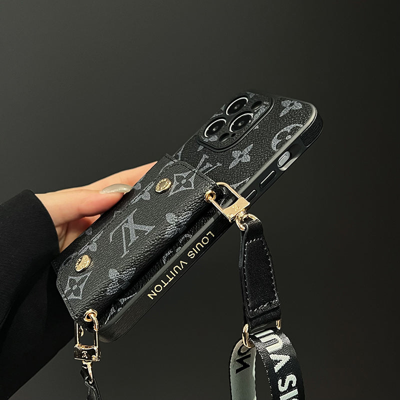 Funda de iPhone con cadena de bolso de tarjeta de lujo negro
