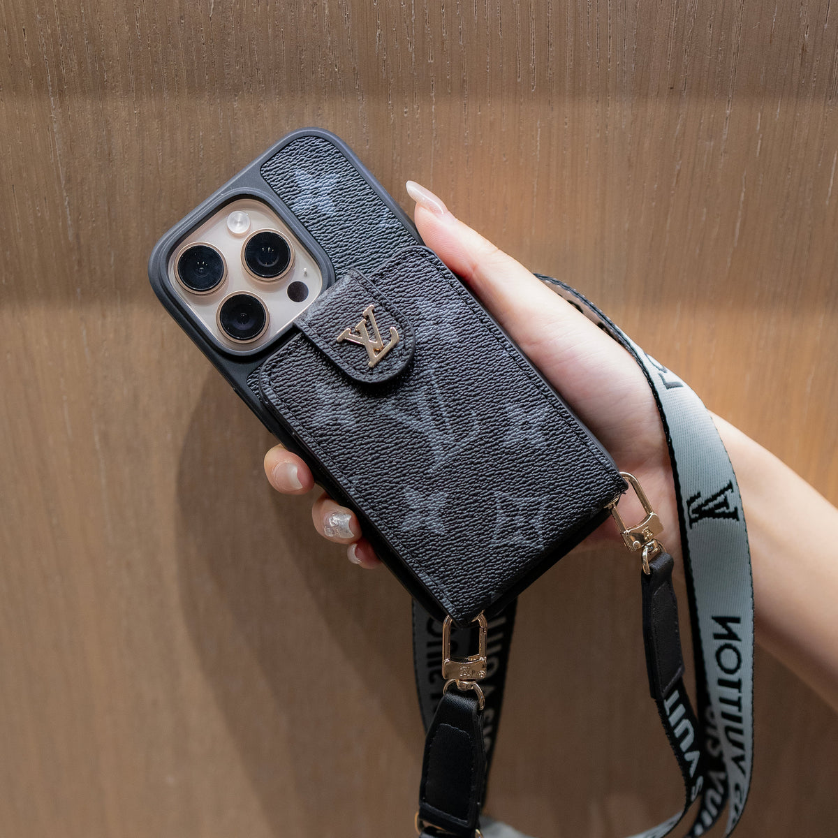 Capa luxuosa crossbody para iPhone com suporte para cartão & Alça