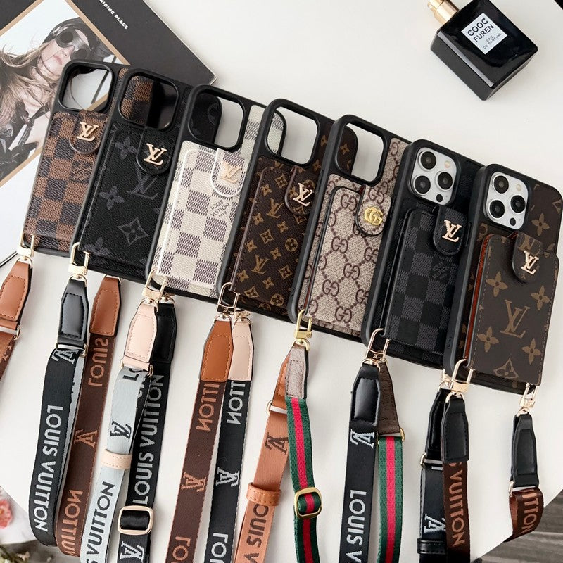 Capa luxuosa preta para iPhone com bolsa de cartão crossbody branca