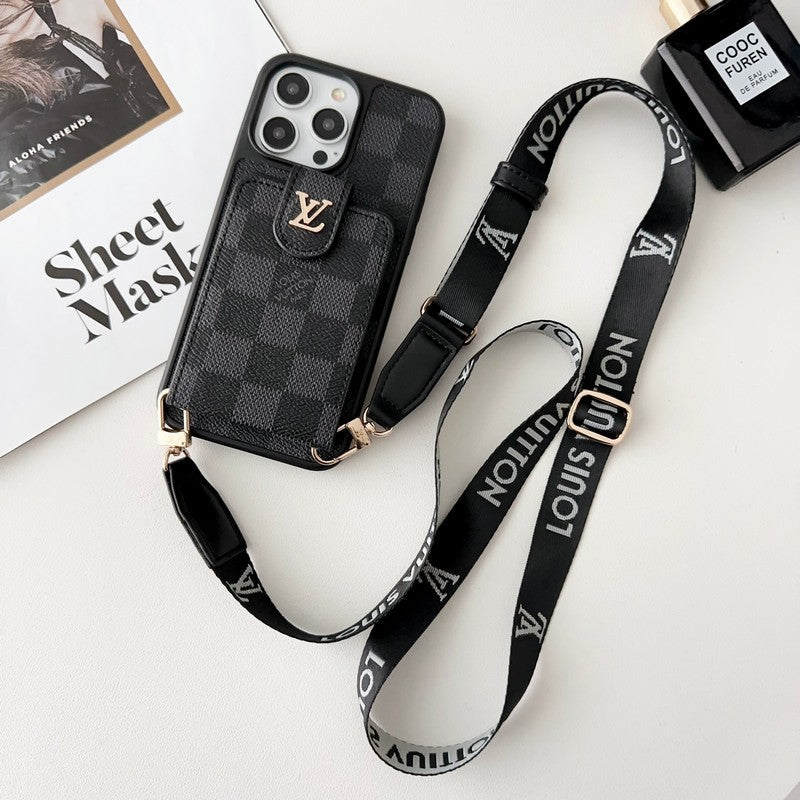Capa luxuosa preta para iPhone com bolsa de cartão crossbody branca