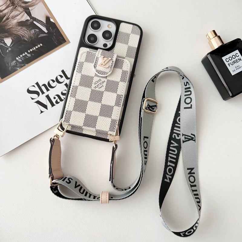 Capa luxuosa preta para iPhone com bolsa de cartão crossbody branca