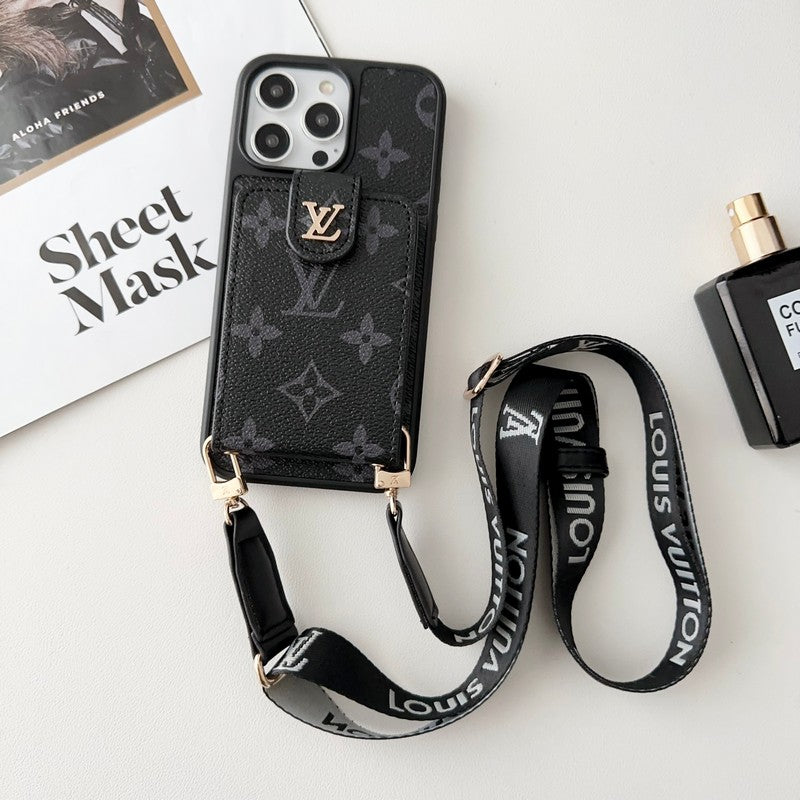 Capa luxuosa preta para iPhone com bolsa de cartão crossbody branca