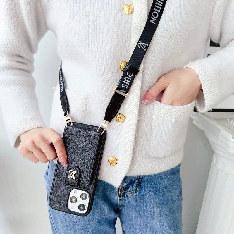Capa luxuosa preta para iPhone com bolsa de cartão crossbody branca