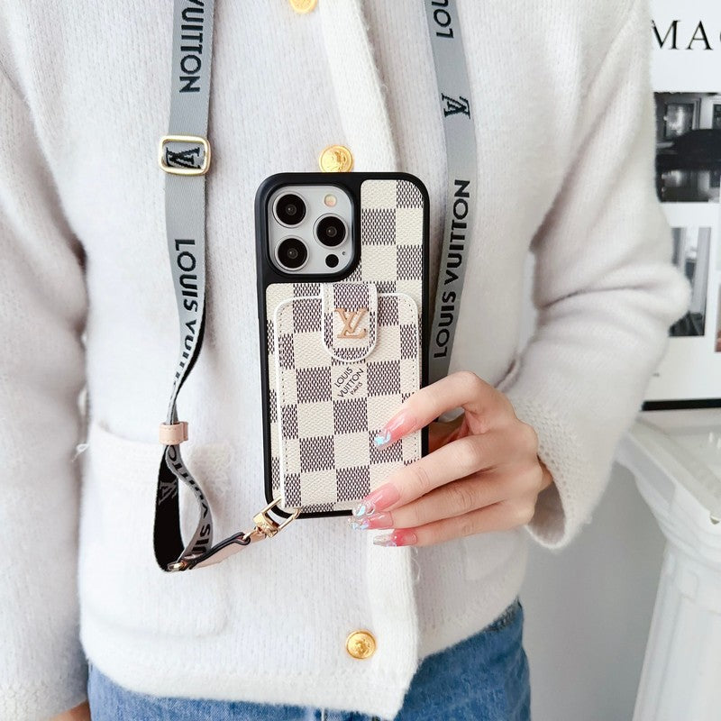 Capa luxuosa preta para iPhone com bolsa de cartão crossbody branca