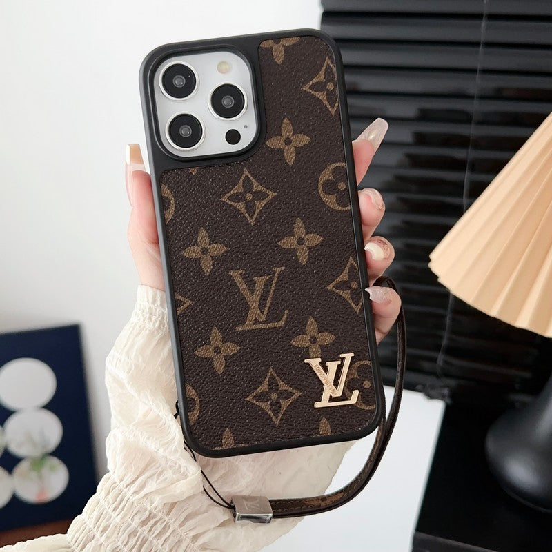 Husă pentru iPhone cu lanț de mână maro clasic de lux