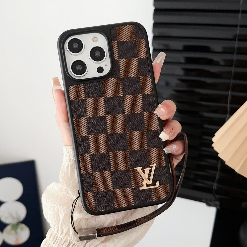 Husă pentru iPhone cu lanț de mână maro clasic de lux