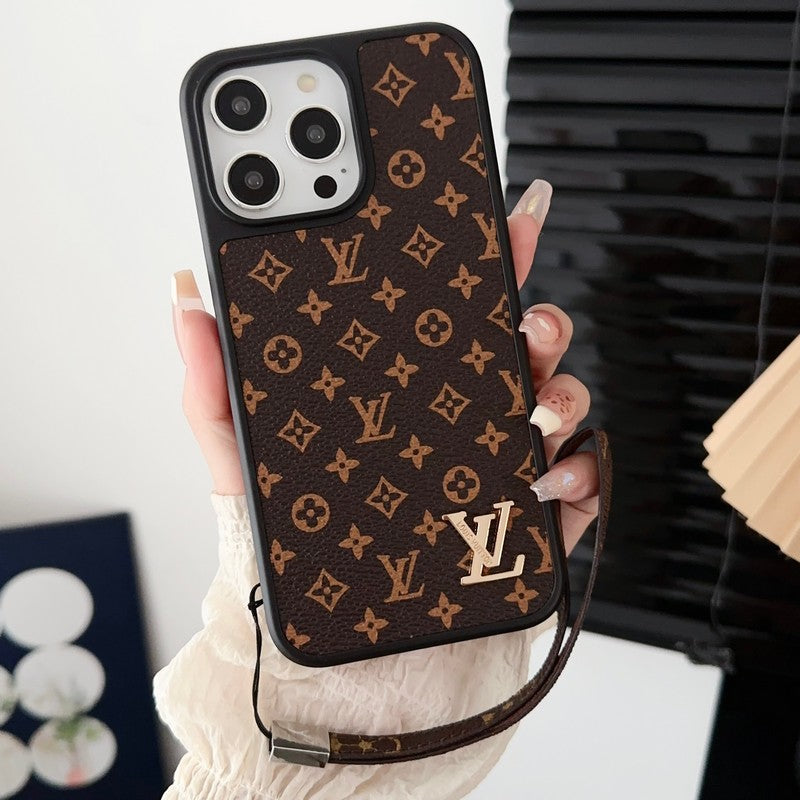 Husă pentru iPhone cu lanț de mână maro clasic de lux