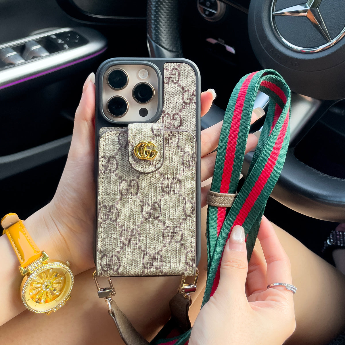 Capa luxuosa crossbody para iPhone com suporte para cartão & Alça