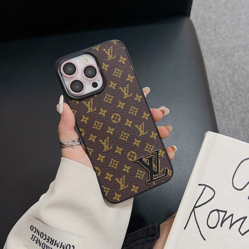 Luxuriöse iPhone-Hülle aus schwarzem Leder mit Logo
