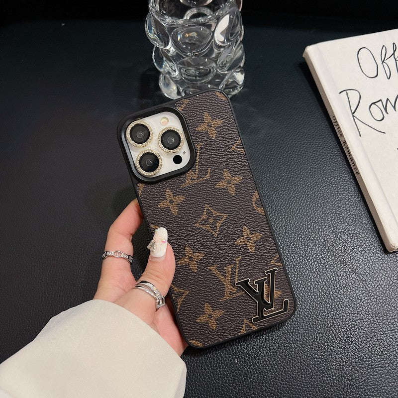 Luxuriöse iPhone-Hülle aus schwarzem Leder mit Logo