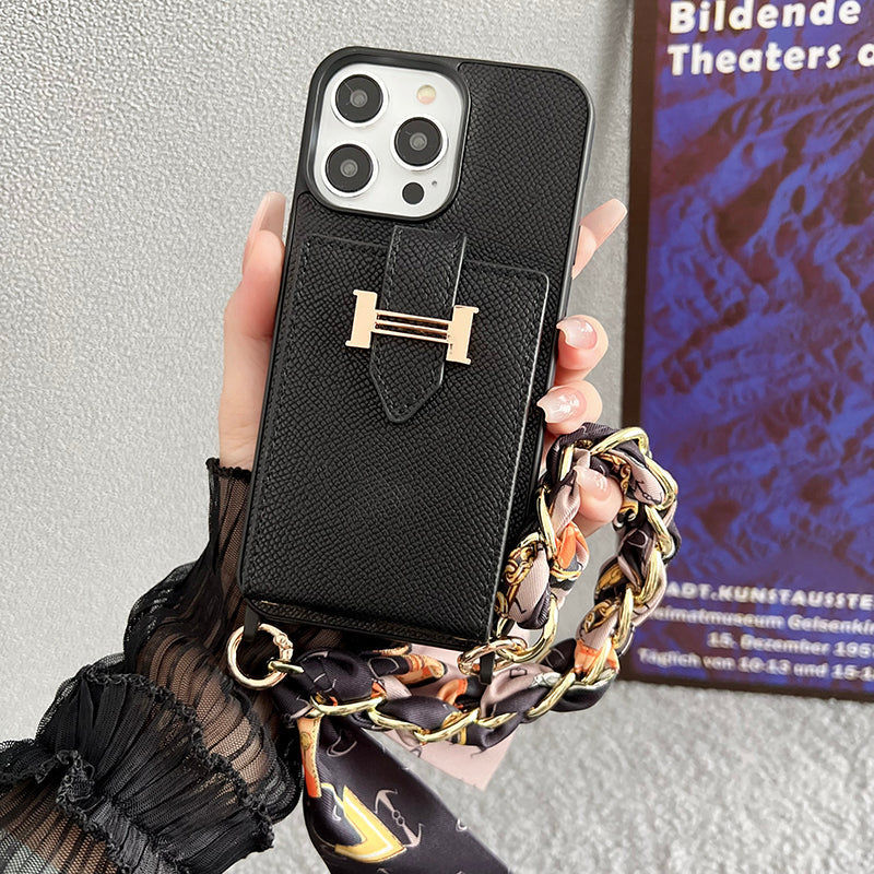 Bolsa de cartão H lenços capa de couro para iPhone