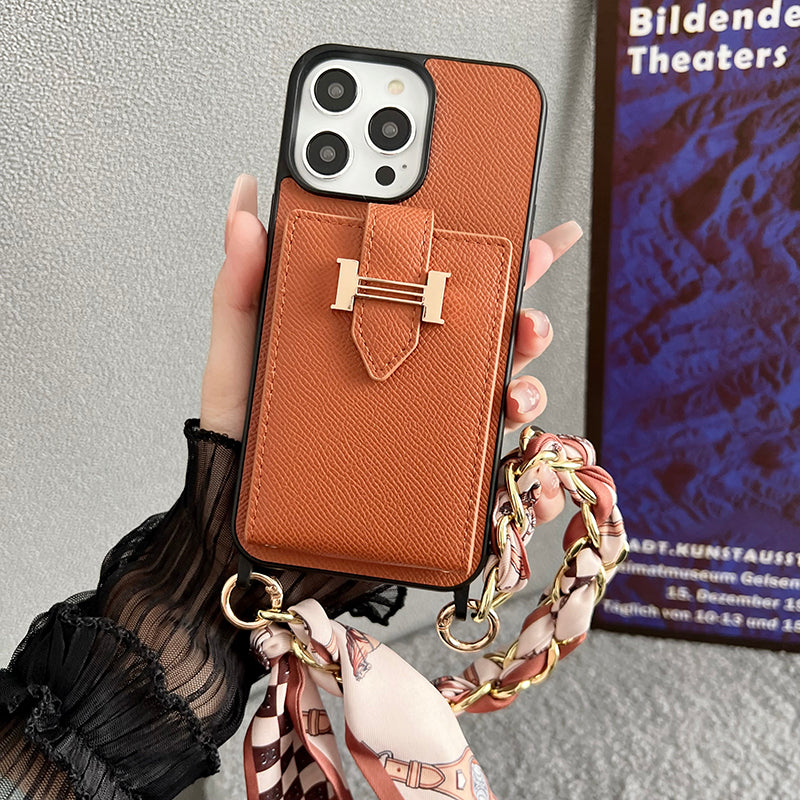 Bolsa de cartão H lenços capa de couro para iPhone