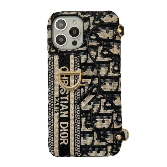 Bolsa de cartão de tecido cinza fashion preta & Capa crossbody para iPhone