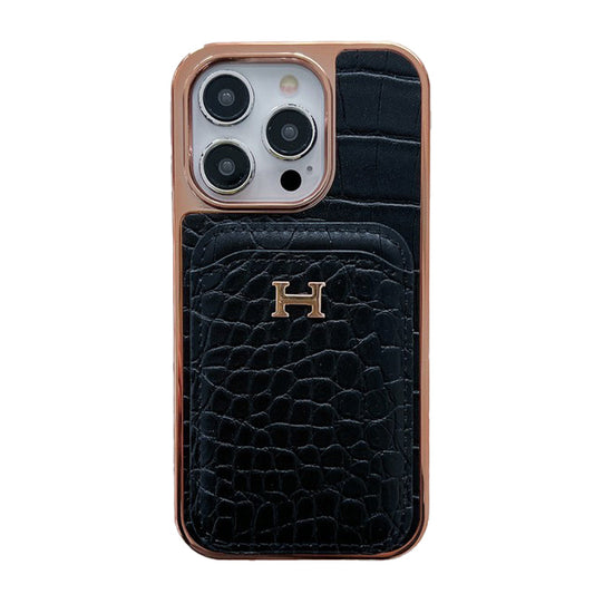 Capa para iPhone em couro dourado rosa H